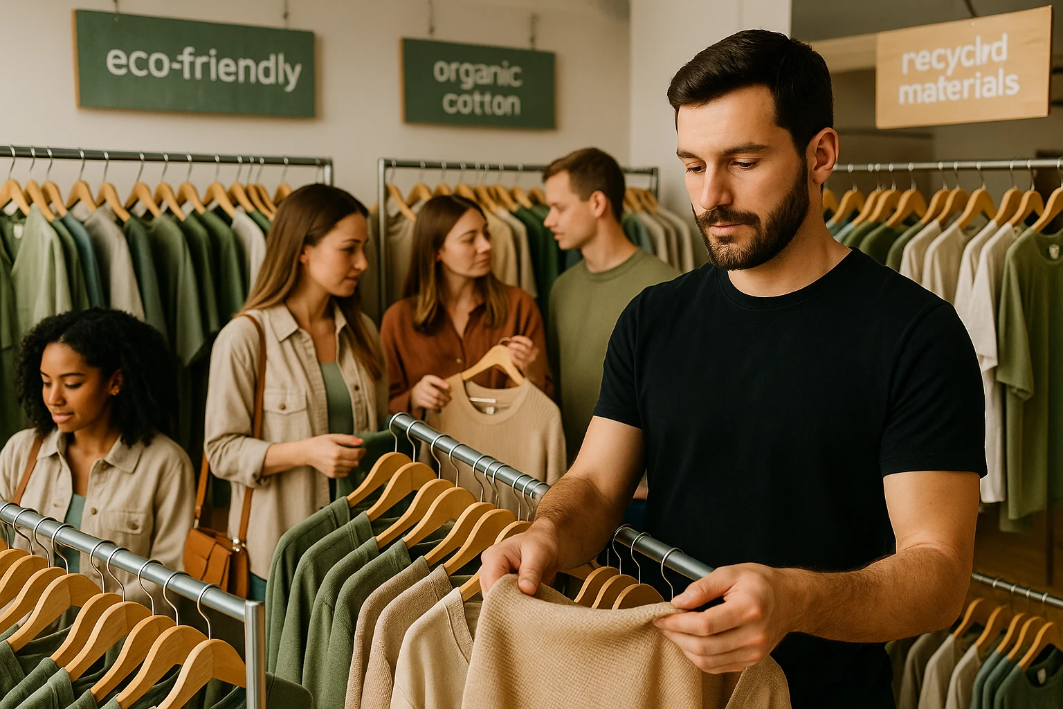 A group of people shopping in a clothing store featuring racks of eco-friendly garments with labels highlighting sustainable materials.