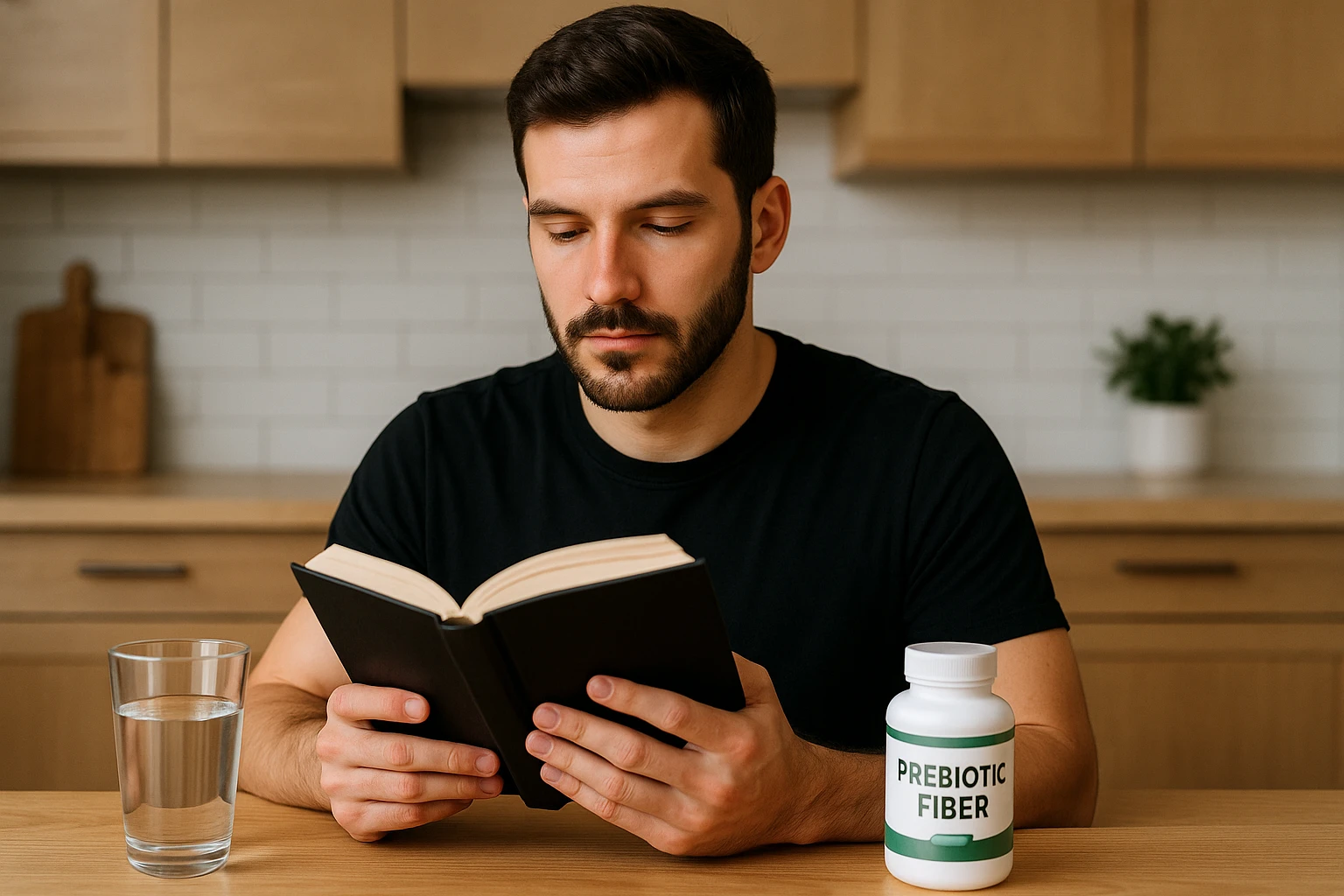 A person sitting at a kitchen table with a glass of water and a bottle of prebiotic fiber supplement capsules.