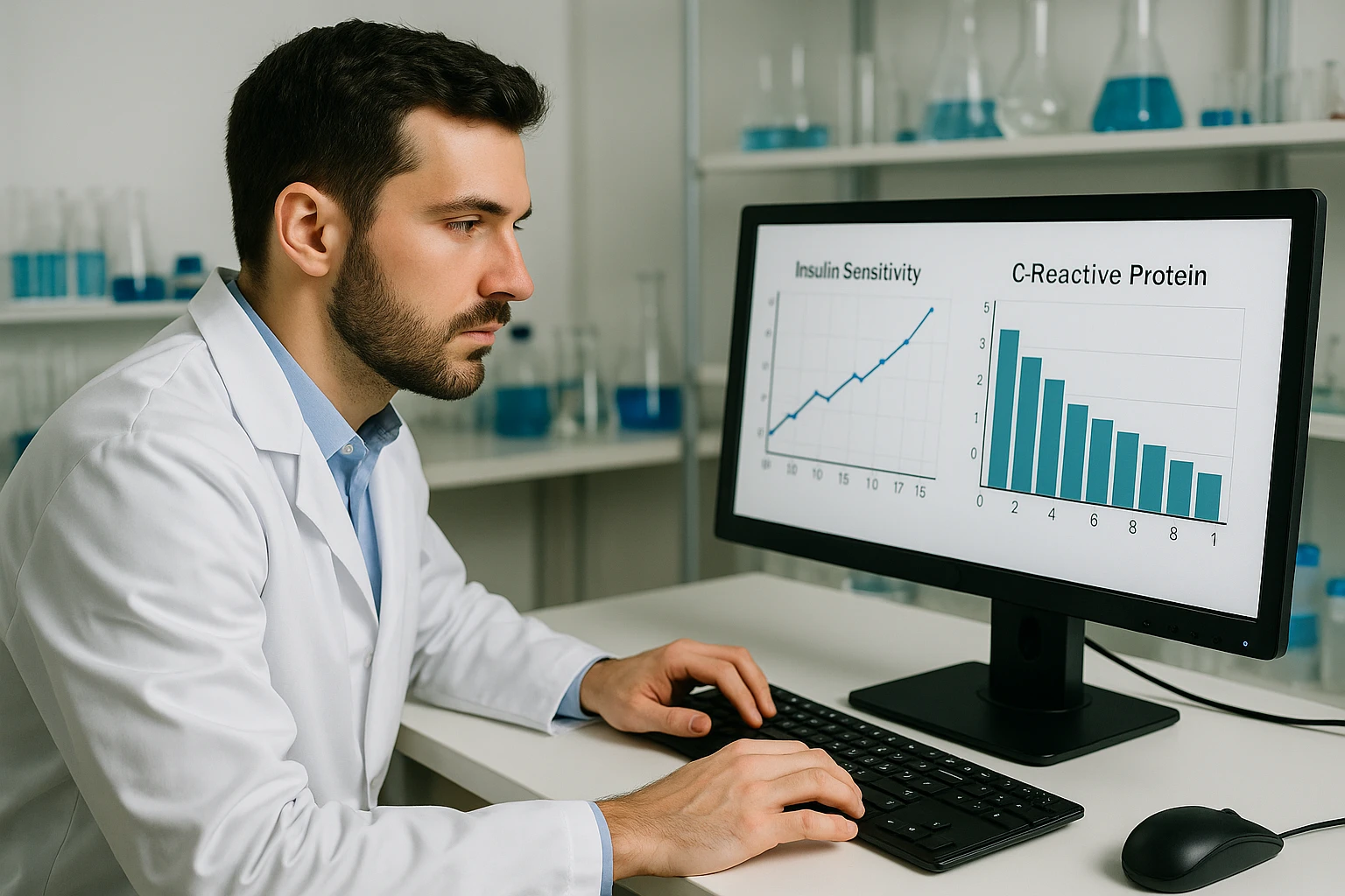 A researcher in a lab coat analyzing test results on a computer with charts displaying insulin sensitivity and C-reactive protein levels.