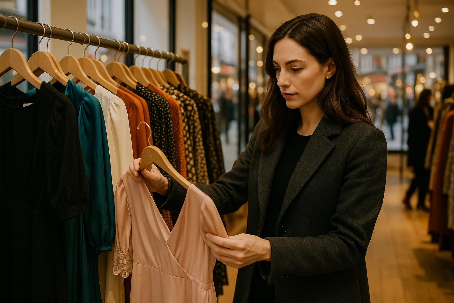A woman examining a rack of stylish dresses in a bustling London boutique.
