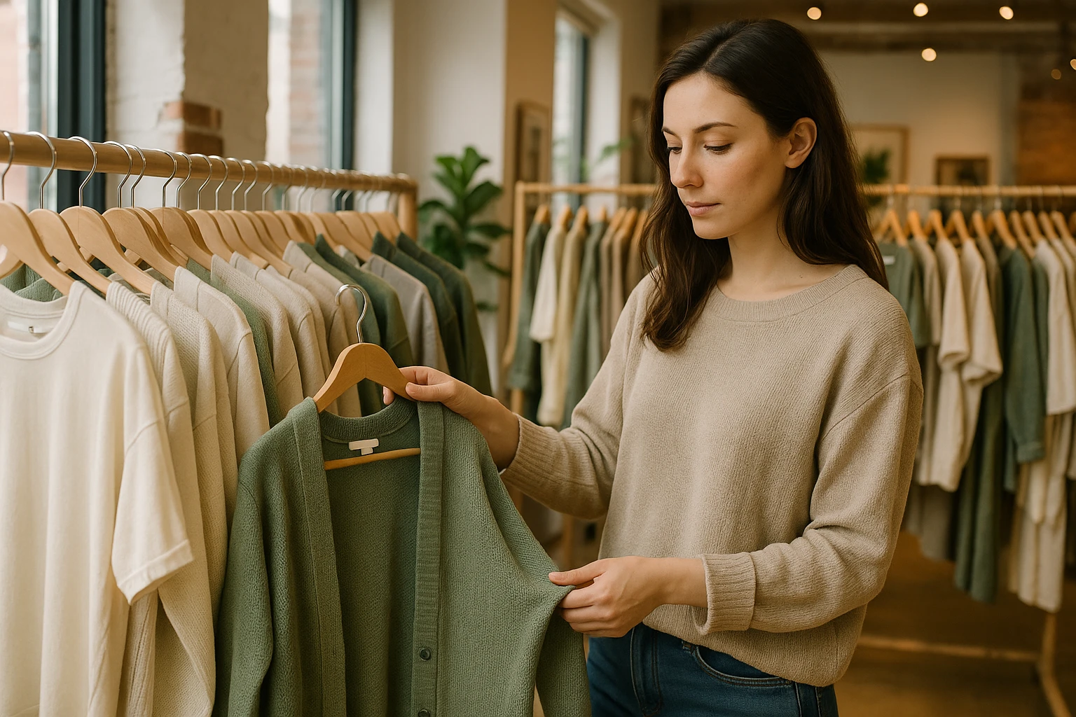 A woman browsing a collection of eco-friendly clothes made from organic cotton and recycled materials in a trendy London boutique.