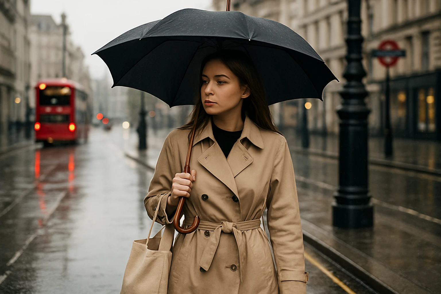A woman walking down a rainy London street wearing a beige trench coat paired with an umbrella and carrying a tote bag.