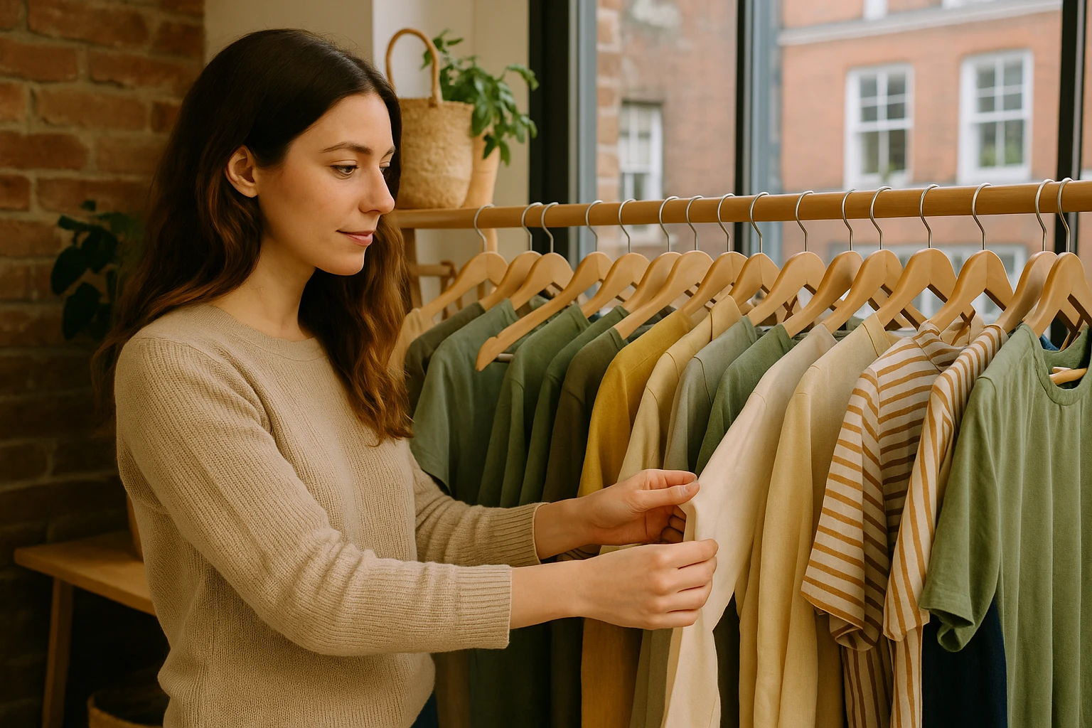 A woman browsing a clothing rack filled with eco-friendly and diverse fashion items in a London boutique.