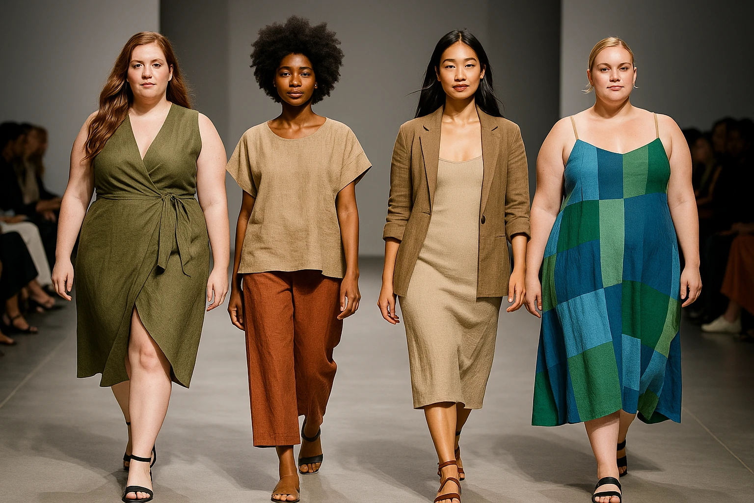 A diverse group of women in different sizes confidently walking down a fashion runway, each wearing unique, sustainable outfits.