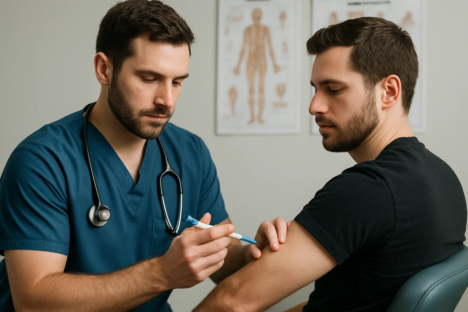 A healthcare professional administering a semaglutide injection to a patient seated in a clinical setting with medical charts visible in the background.