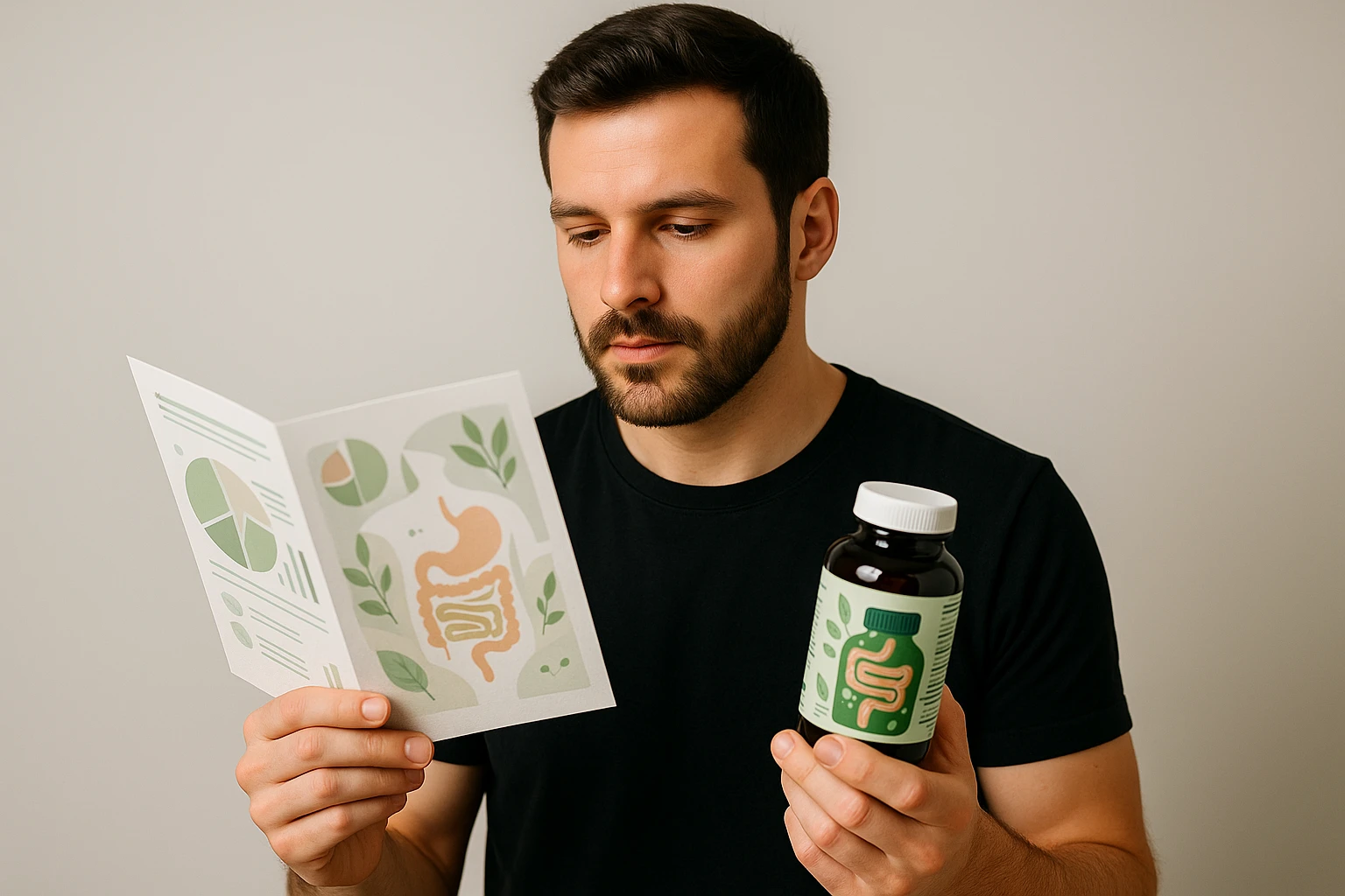 A person holding a bottle of gut health supplements while reading a brochure on digestive wellness.