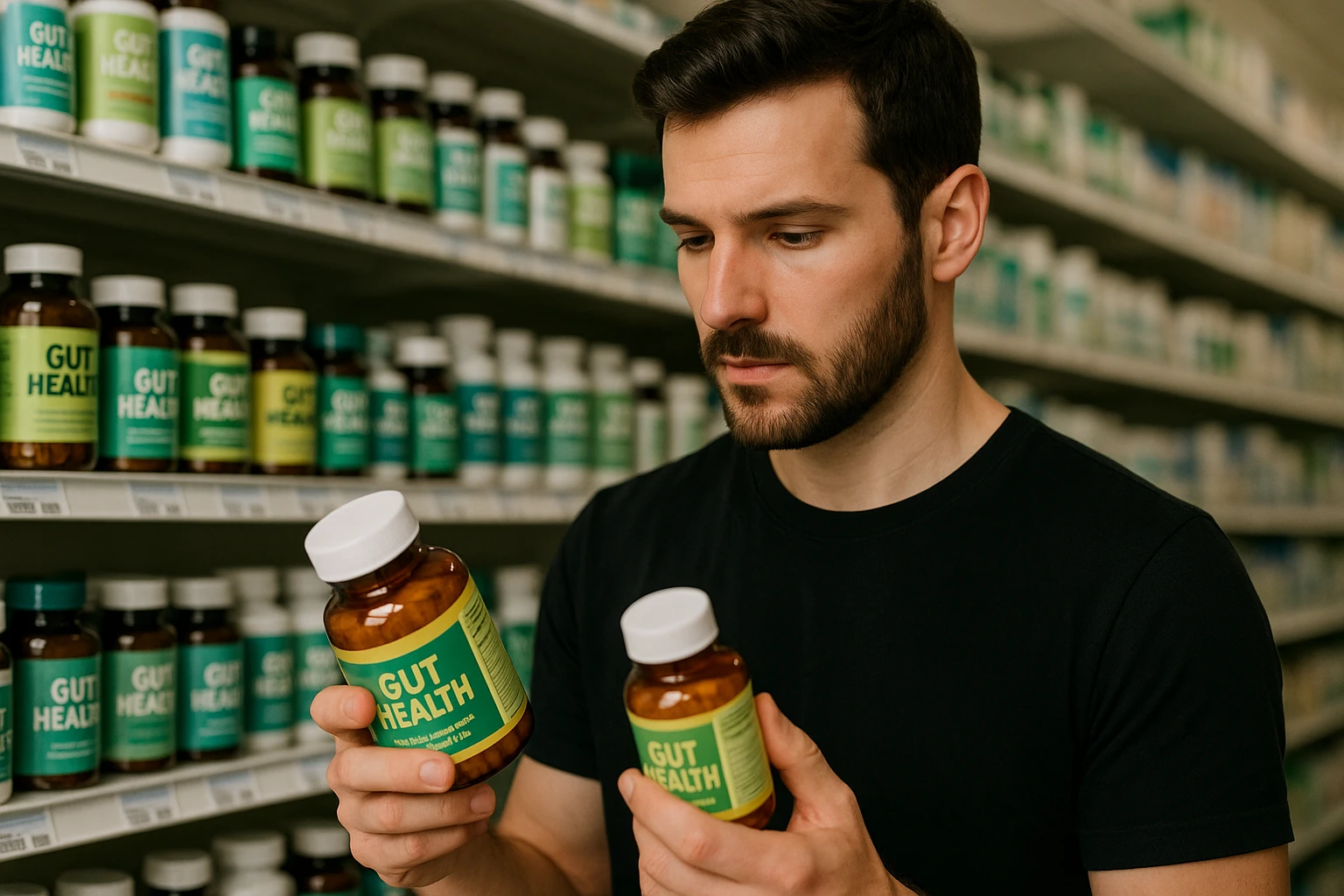 A person reading labels on bottles of gut health supplements in a pharmacy aisle.