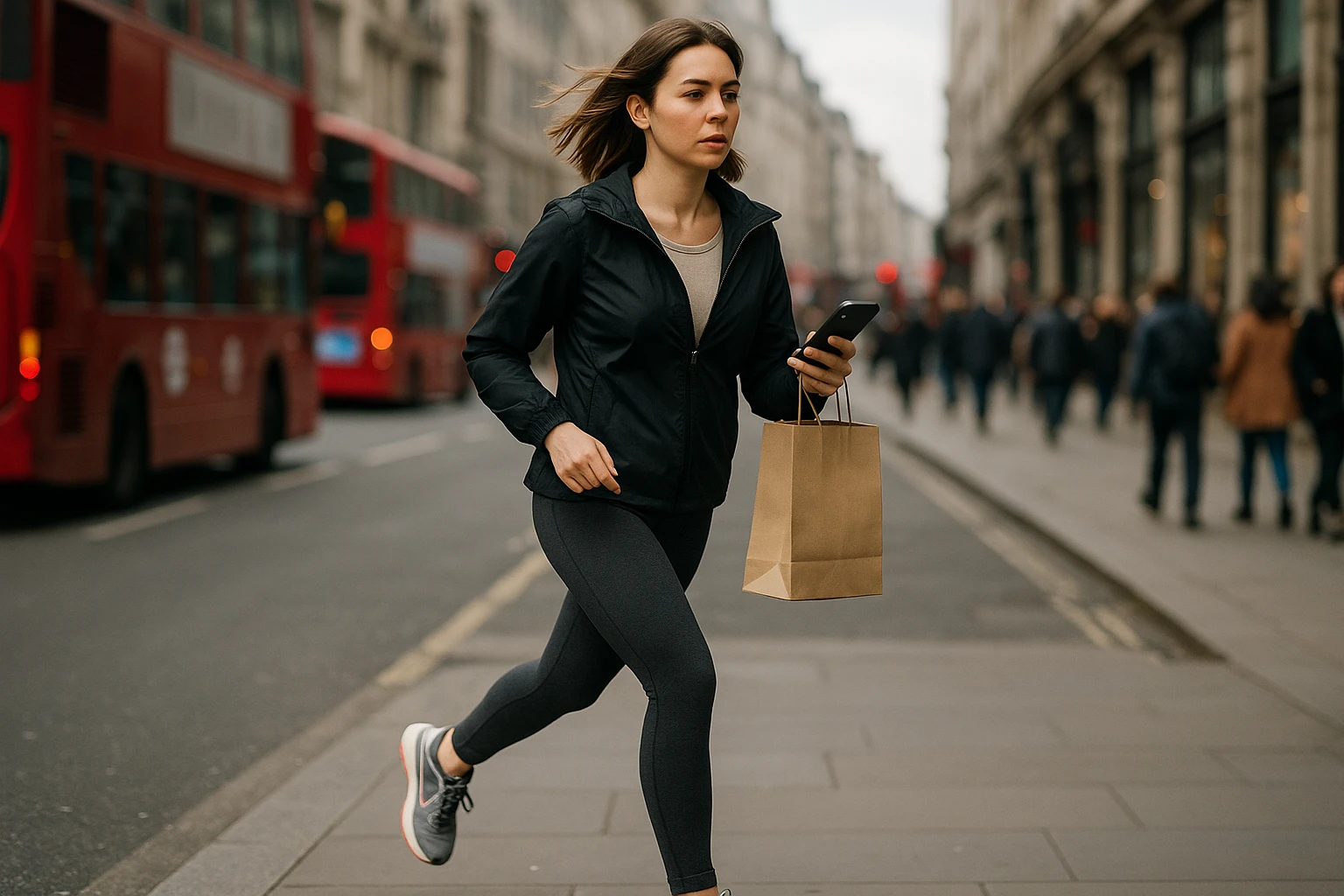 A woman walking briskly along a busy London street wearing stylish running shoes, holding a shopping bag and a mobile phone.