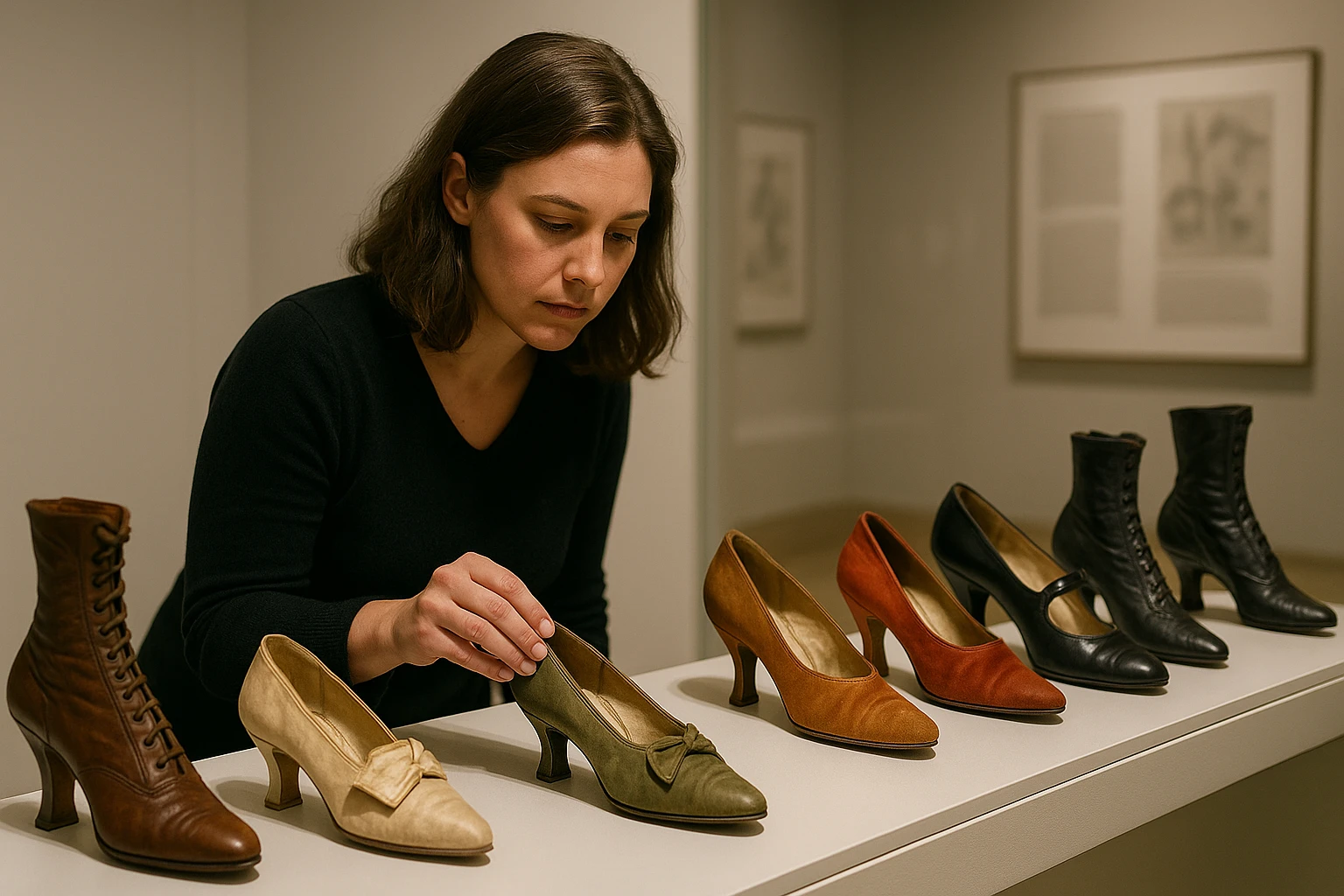 A woman examining a collection of historical women's shoes from various eras in a museum.