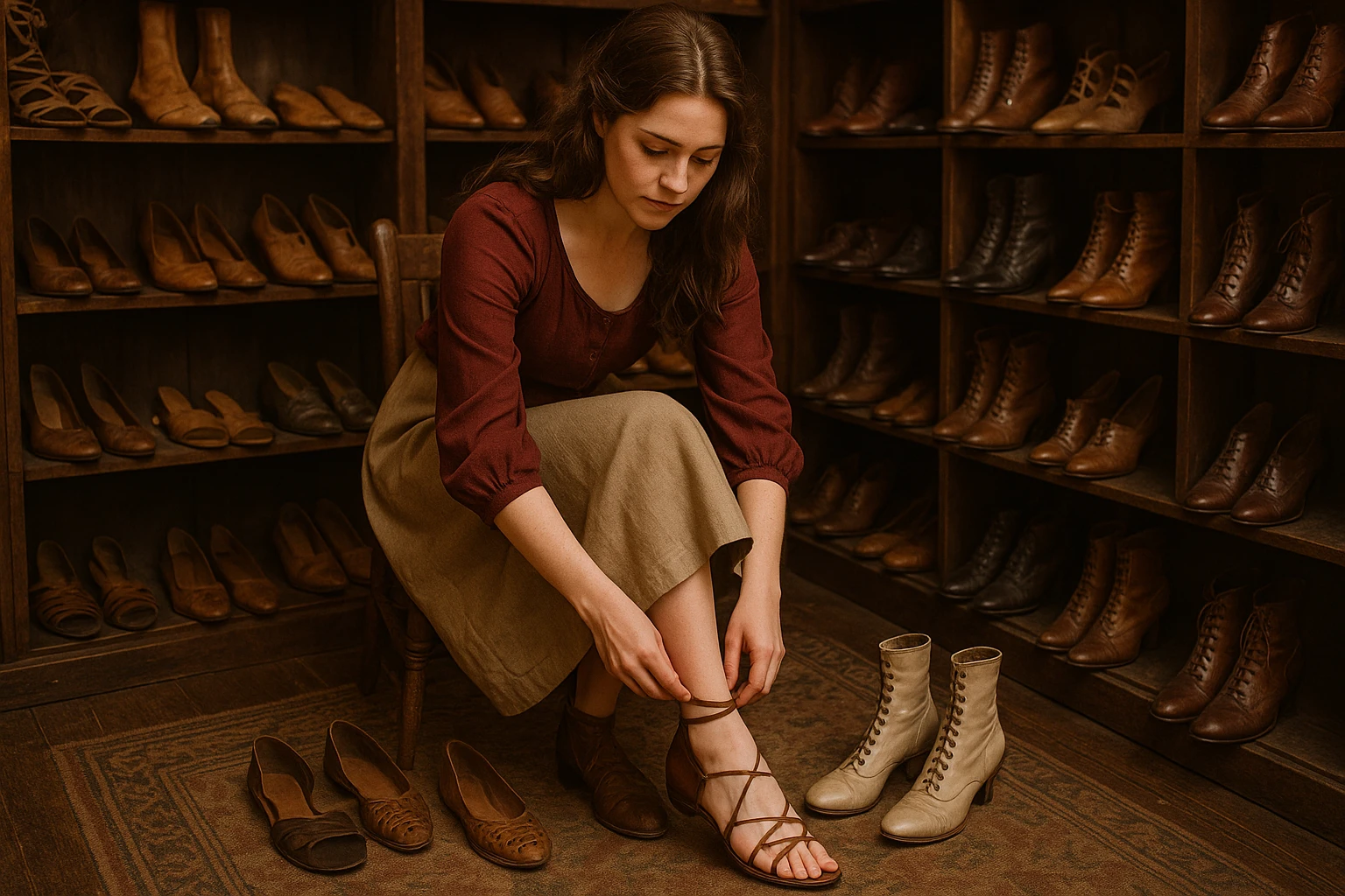A woman trying on various pairs of historic women's shoes, from ancient sandals to Victorian boots, in a vintage shoe shop setting.