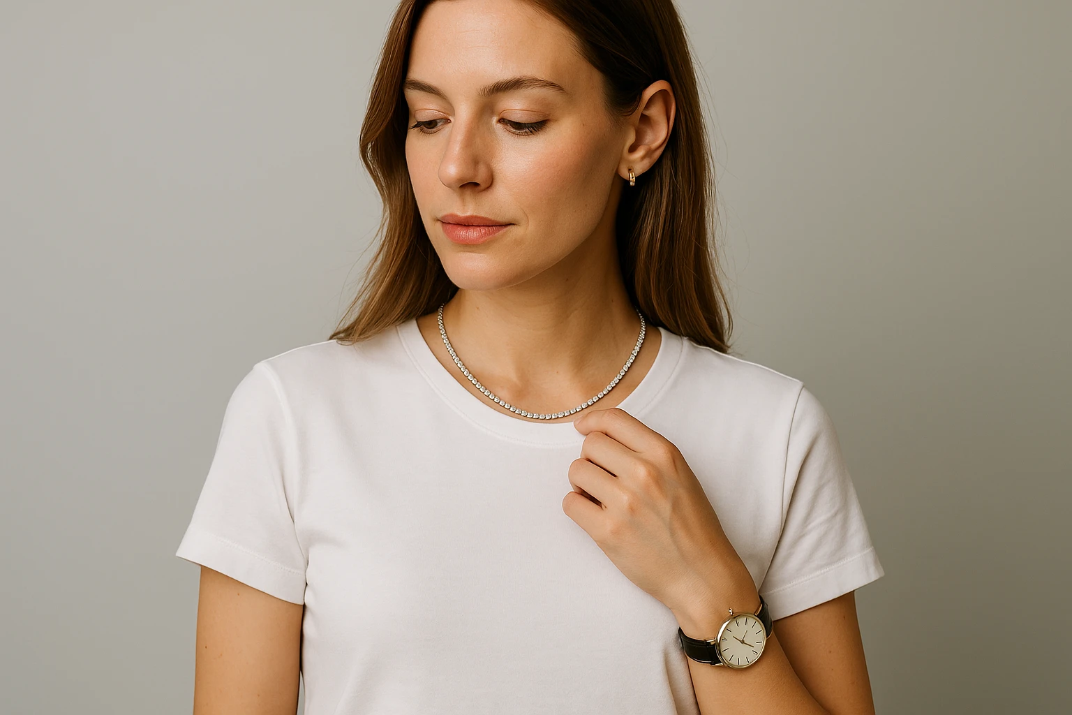 A woman elegantly dressing up a simple white T-shirt with a delicate tennis necklace and a classic wristwatch.