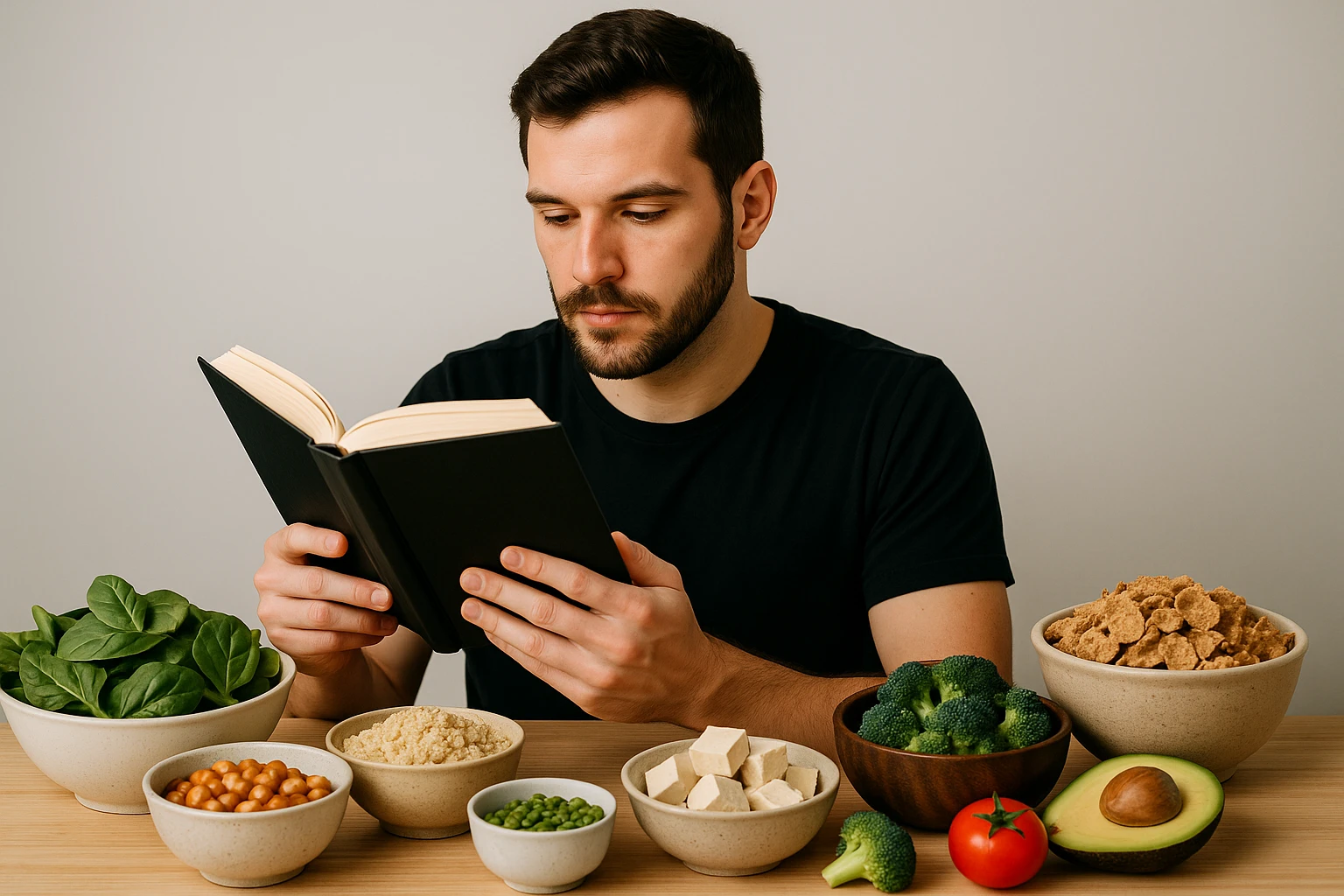 A person reading a nutrition book at a table filled with various plant-based foods, including leafy greens and fortified cereals.