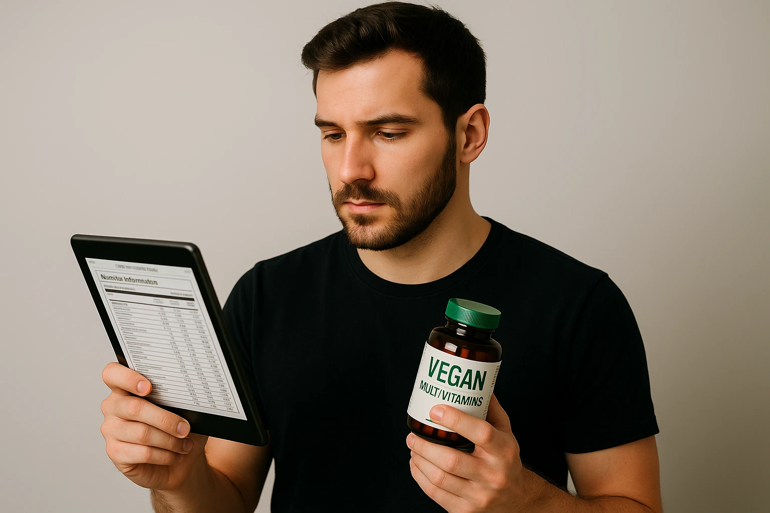 A young person holding a bottle of vegan multivitamins while looking at a tablet displaying nutritional information.