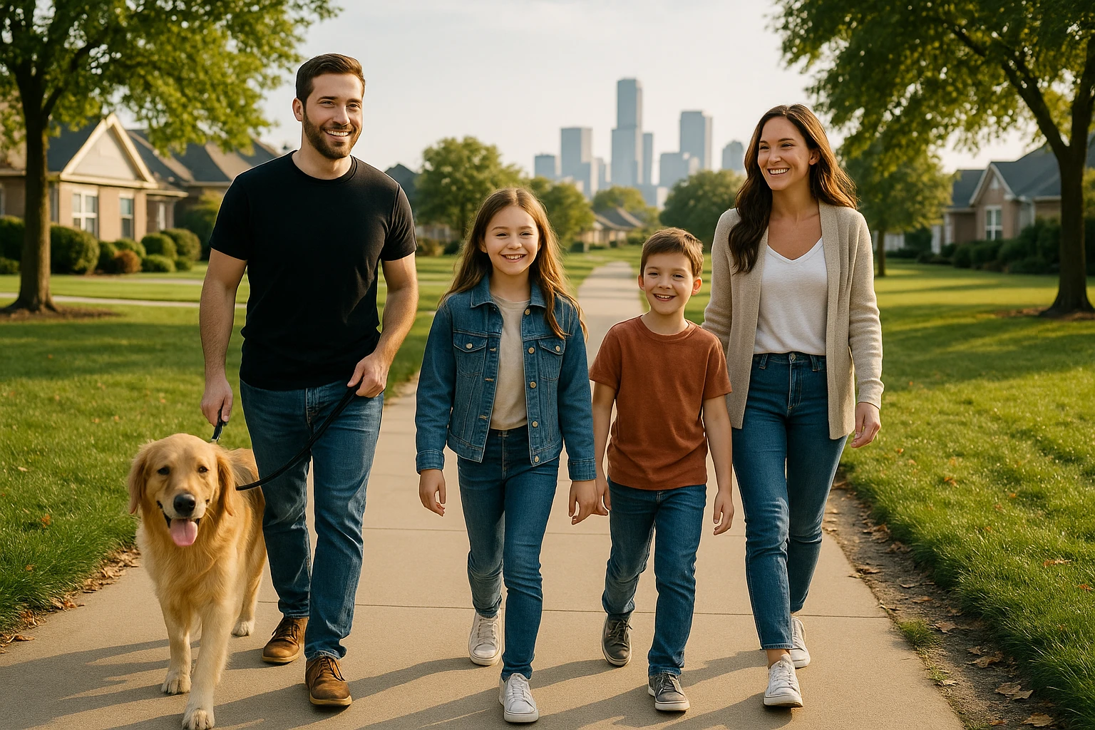 A family strolling with their dog through a park in a suburban neighborhood with well-kept homes and a city skyline visible in the distance.