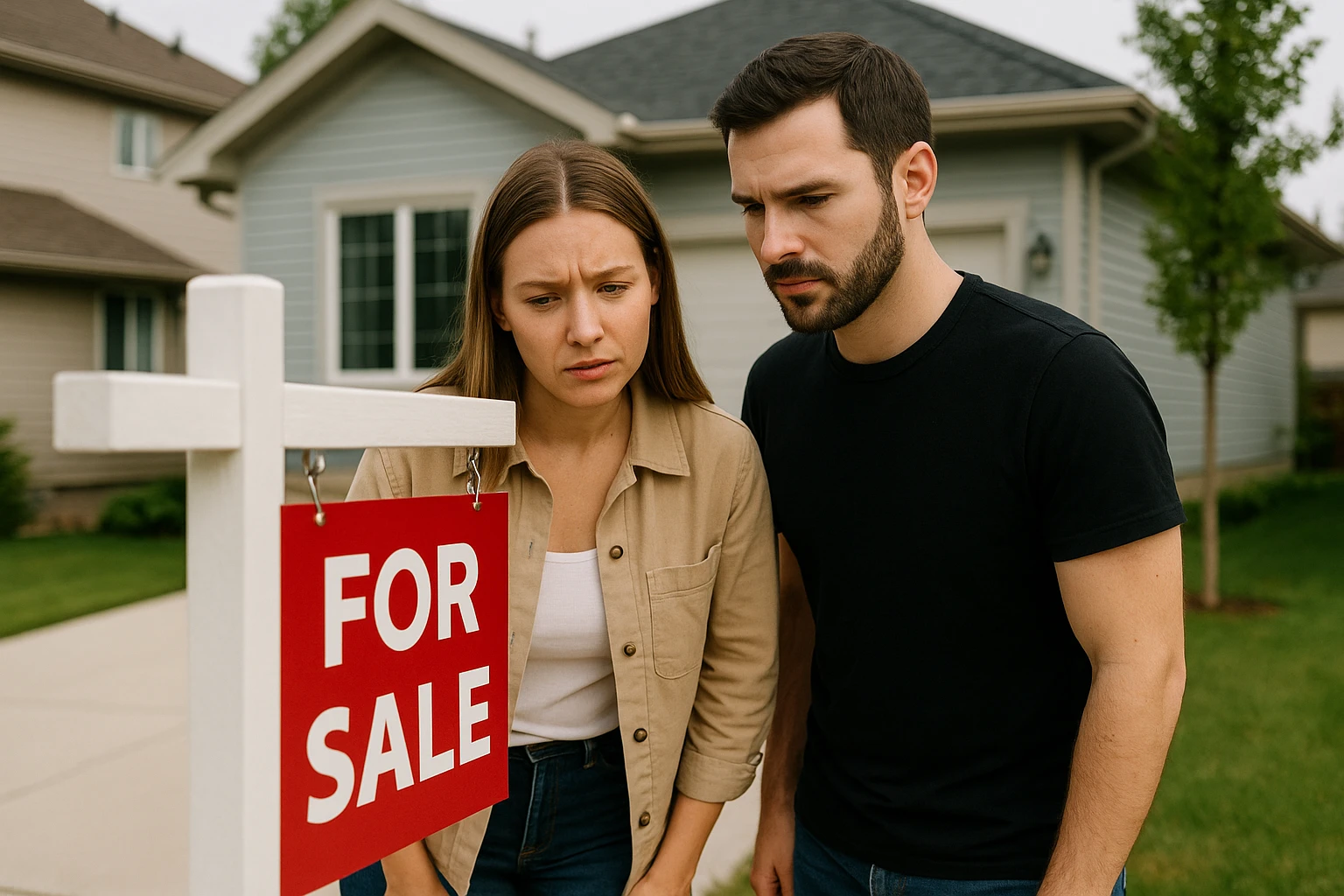 A couple examining a "For Sale" sign in front of a suburban house in St. Albert, Alberta.