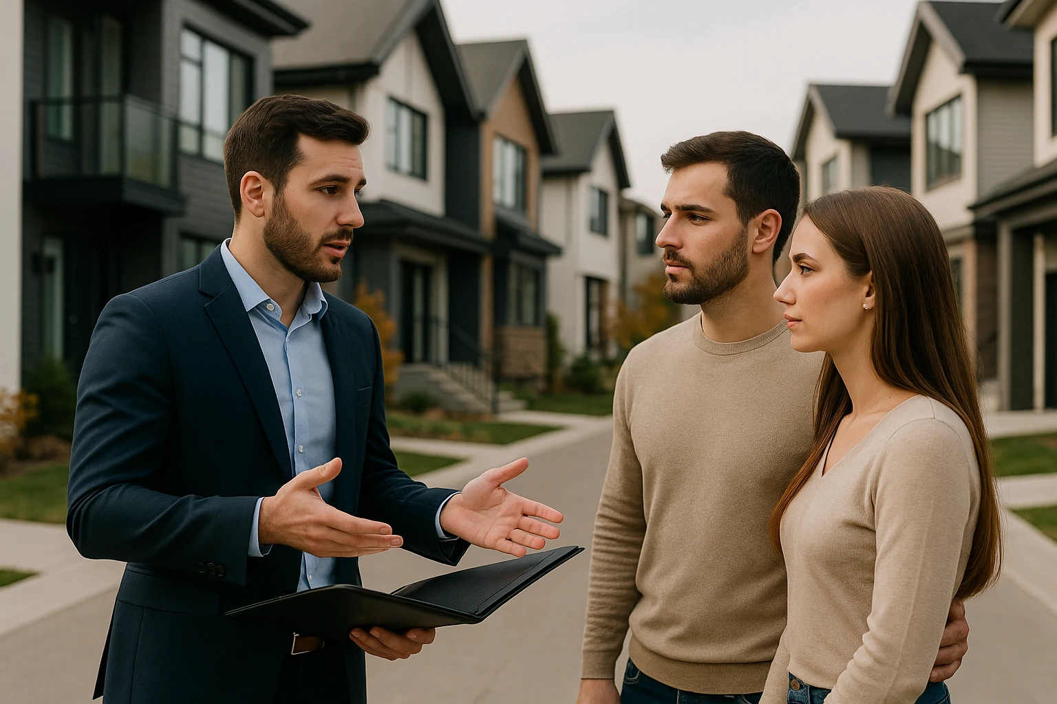 A realtor discussing housing market trends with a couple in a modern Edmonton neighborhood.