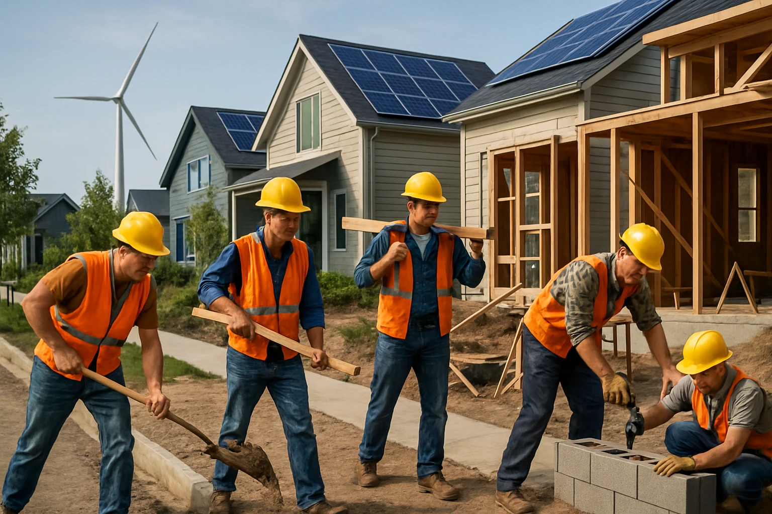 A group of construction workers building energy-efficient homes in a modern neighborhood with eco-friendly infrastructure.