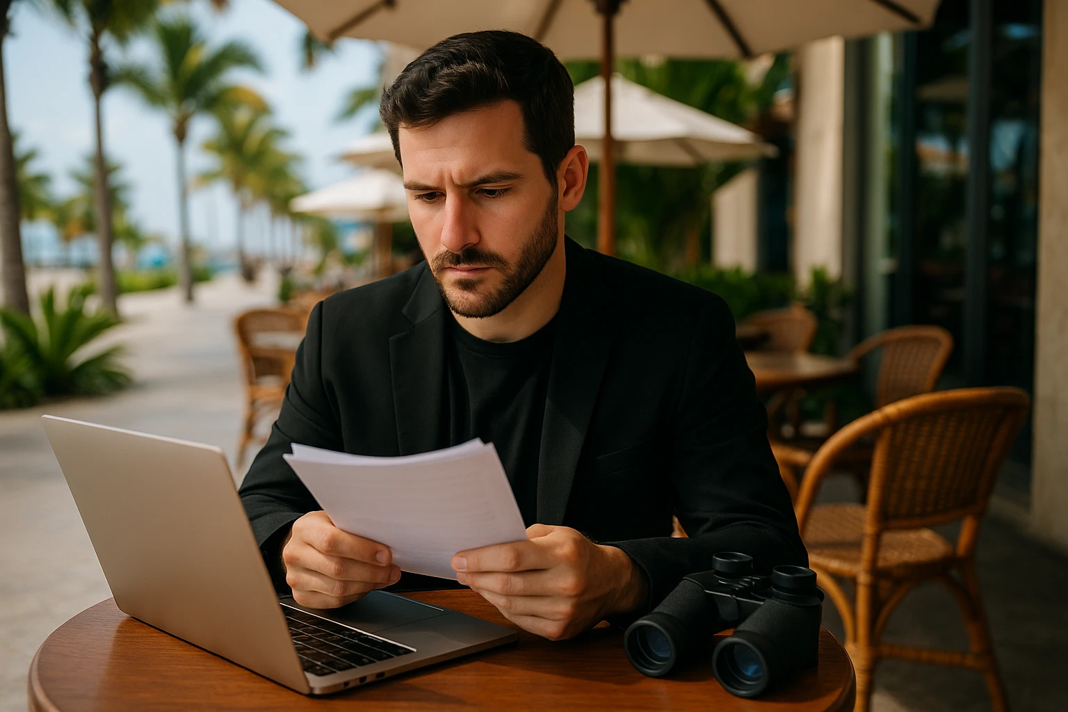 A private investigator sitting at a cafe in Cancun, reviewing documents with a laptop and binoculars on the table.