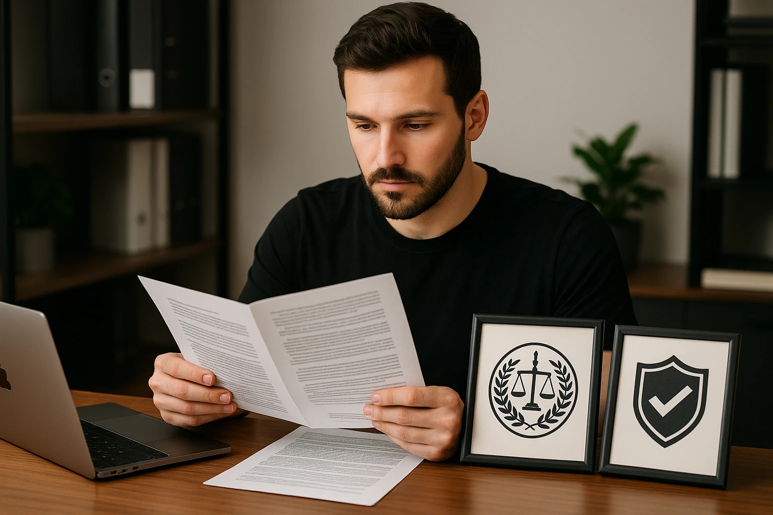A person examining legal documents and certification badges at a desk in an office setting.