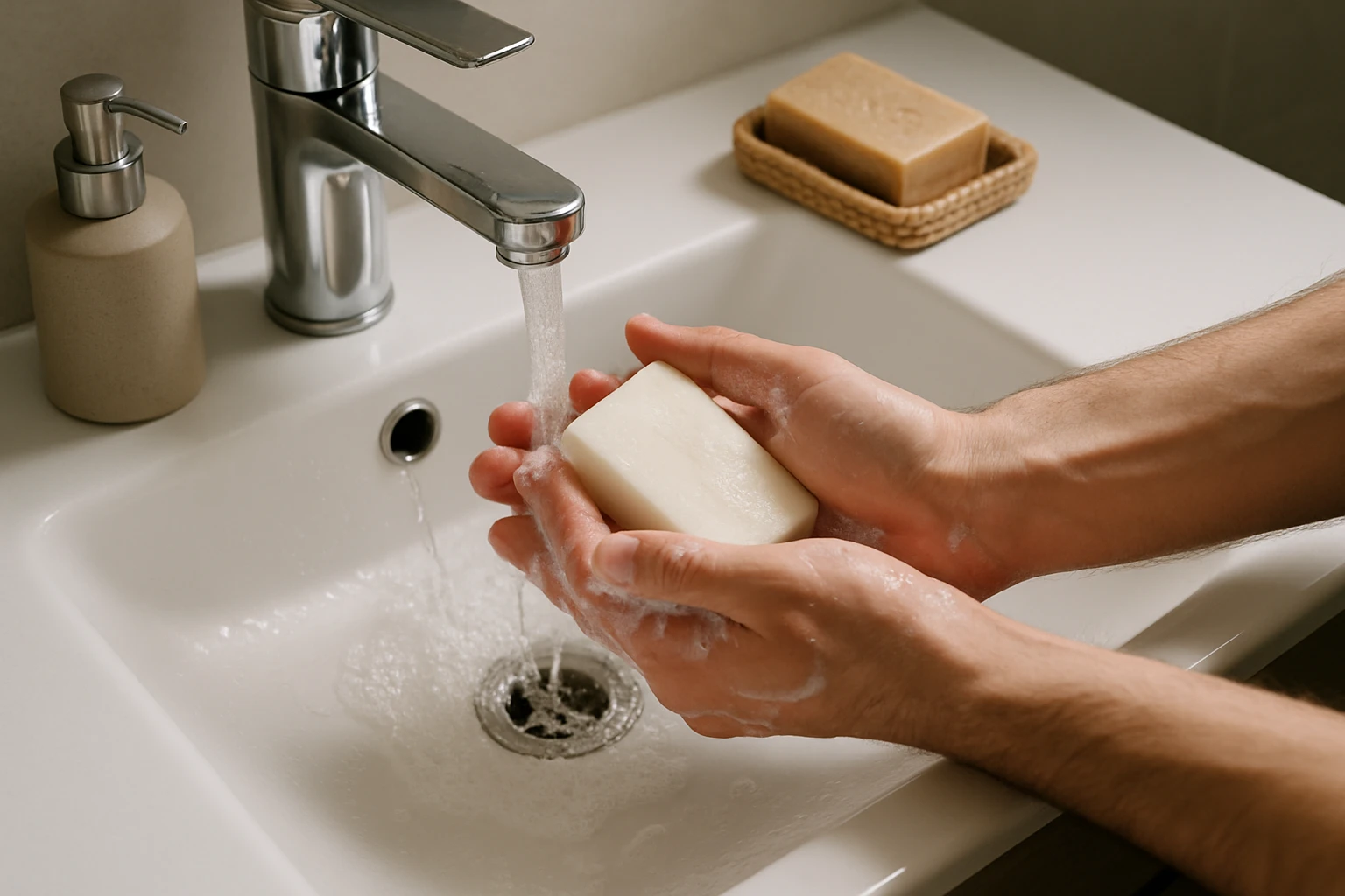 A person washing their hands with a bar of organic coconut soap beside a clean, minimalist bathroom sink.