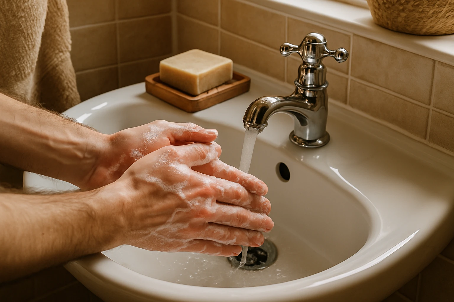 A person washing their hands with an organic coconut soap bar beside a white ceramic sink in a cosy UK bathroom.