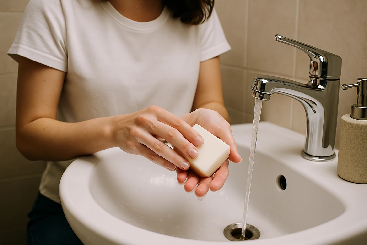 A woman using a white organic coconut soap bar to wash her hands over a bathroom sink.