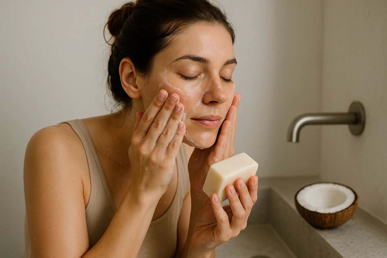 A woman washing her face with an organic coconut soap bar in a minimalist bathroom.