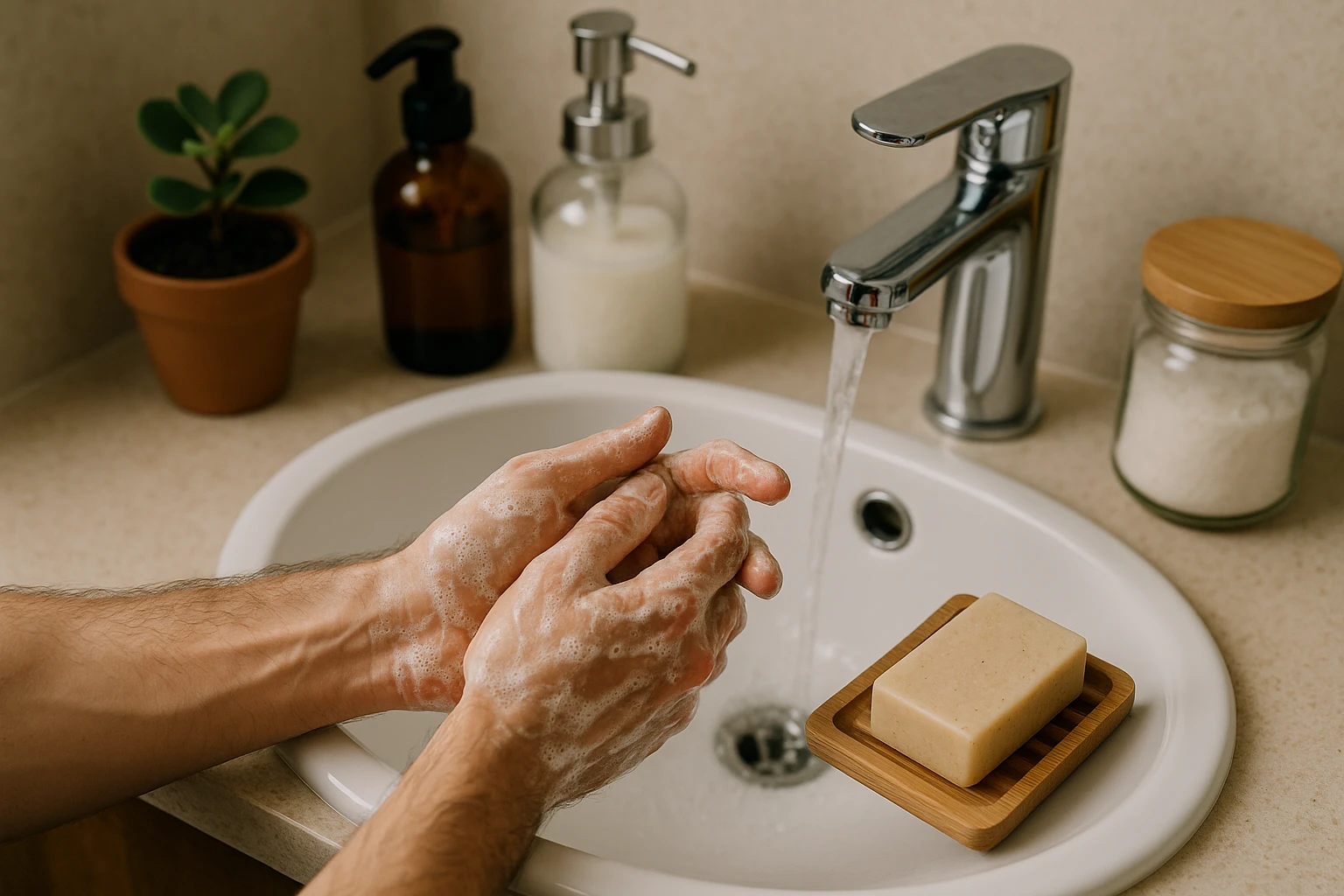 A person washing their hands with an organic coconut soap bar beside a sink surrounded by reusable containers and a small plant.