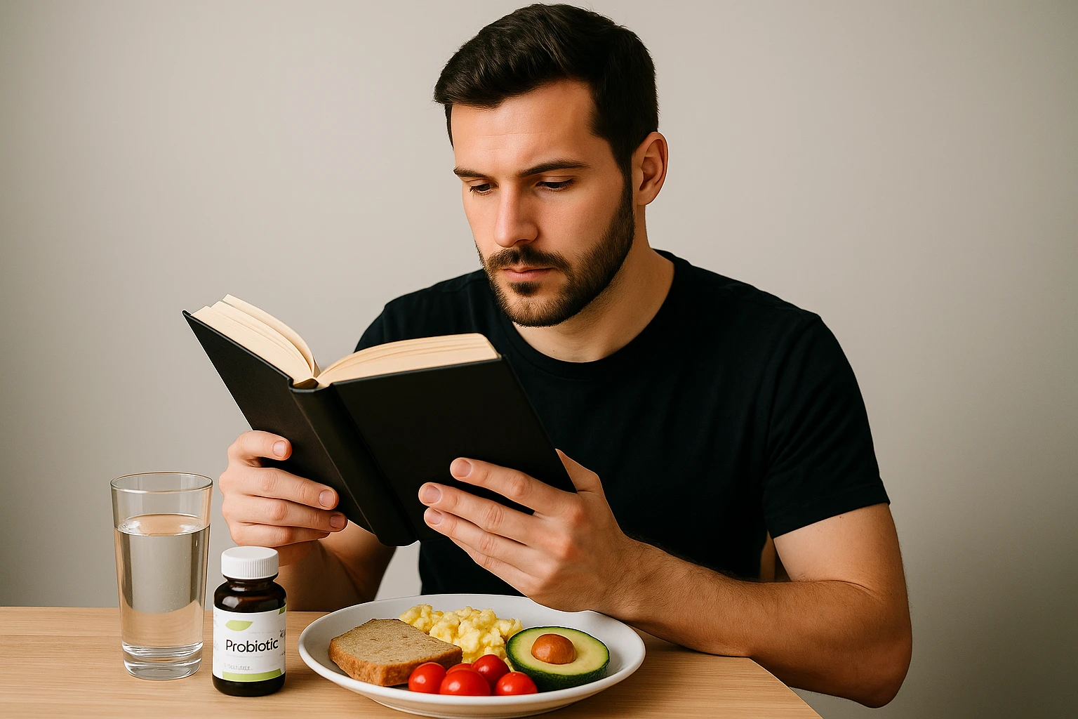 A person sitting at a breakfast table with a glass of water and a bottle of probiotic supplements beside a plate of healthy food.