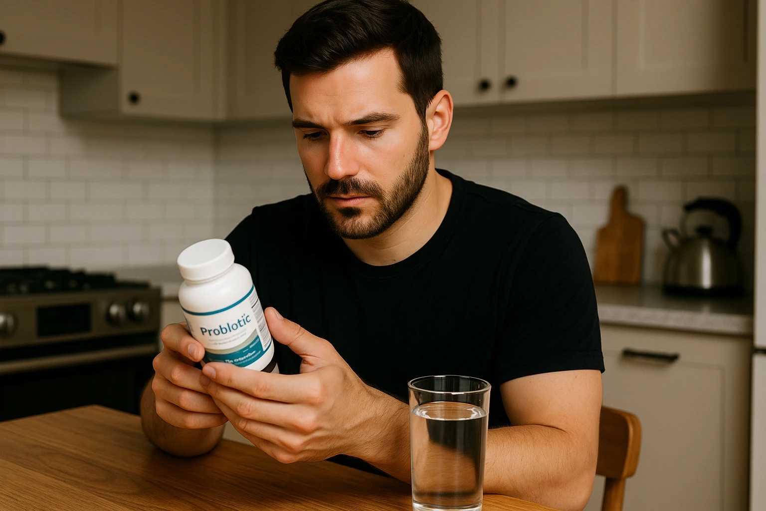 A person sitting at a kitchen table reading a probiotic supplement bottle with a glass of water beside them.
