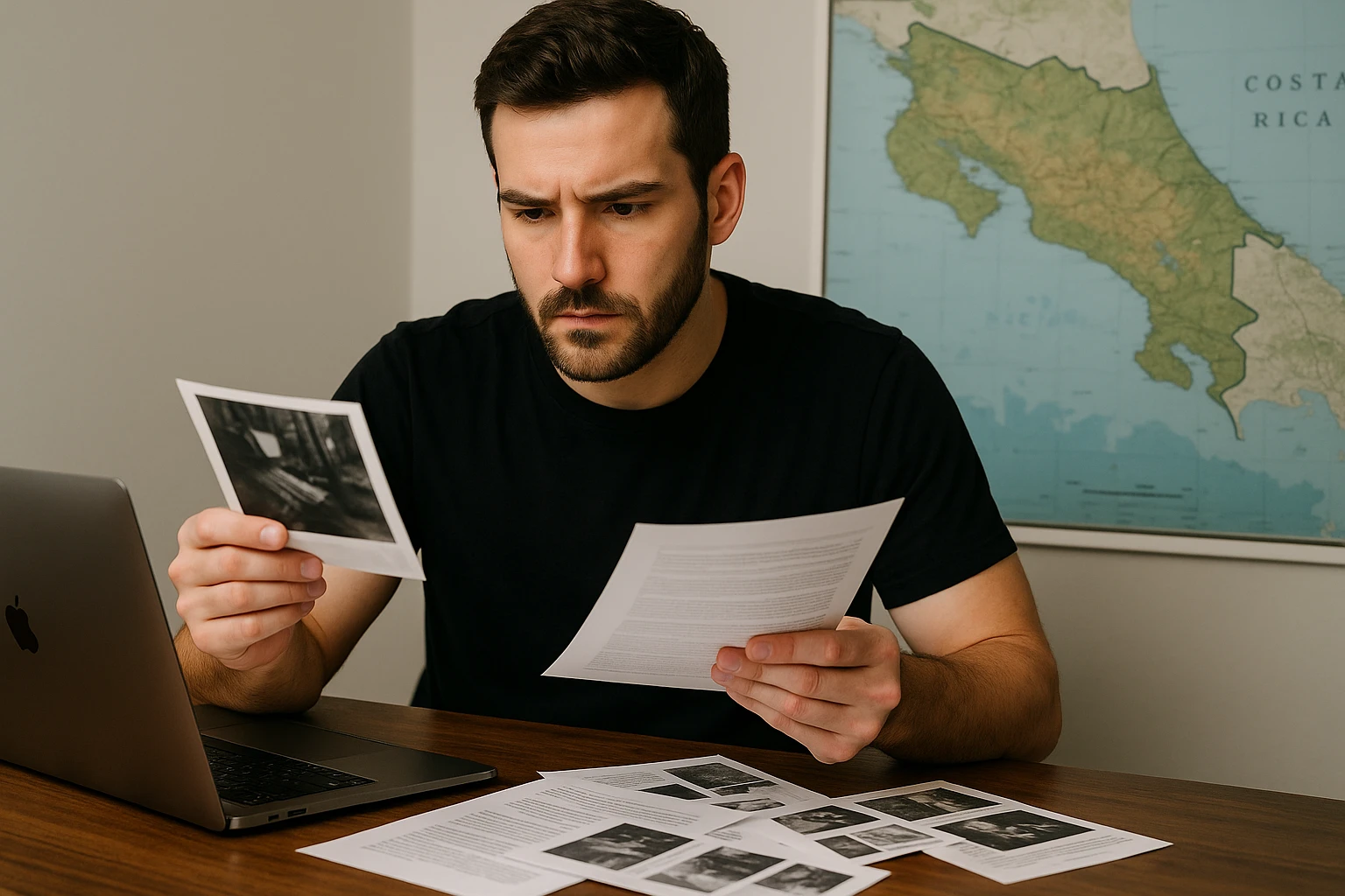 A private investigator analyzing documents and photos at a desk with a laptop and a map of Costa Rica.