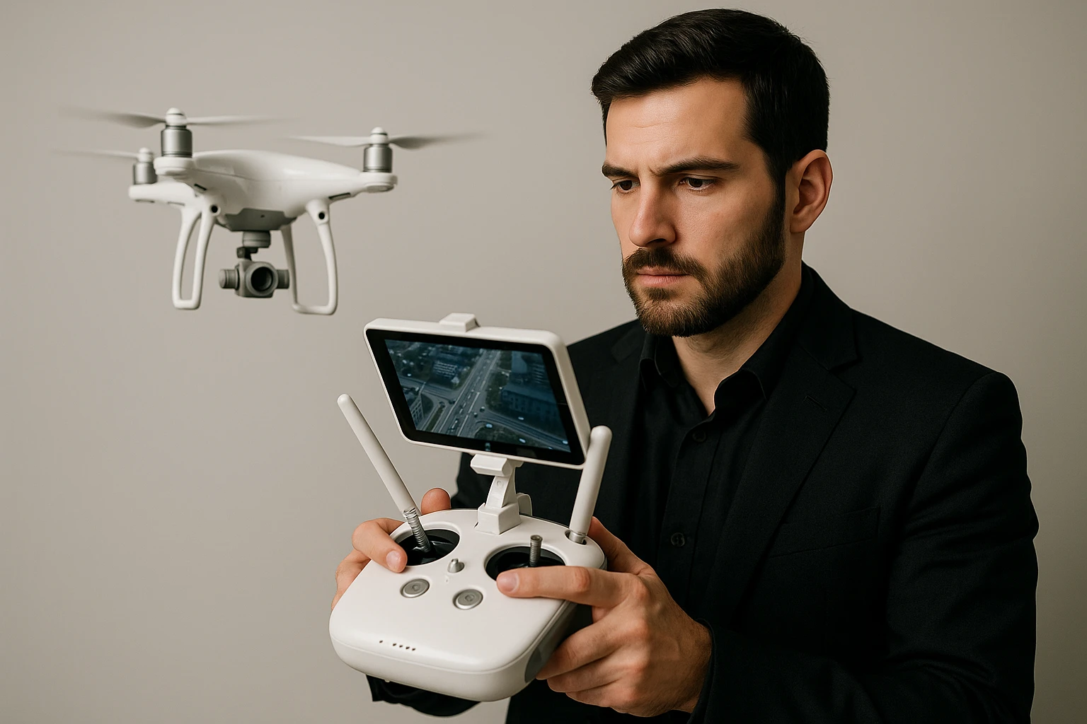 A private investigator operating a drone with a remote control while observing a screen displaying live aerial footage.