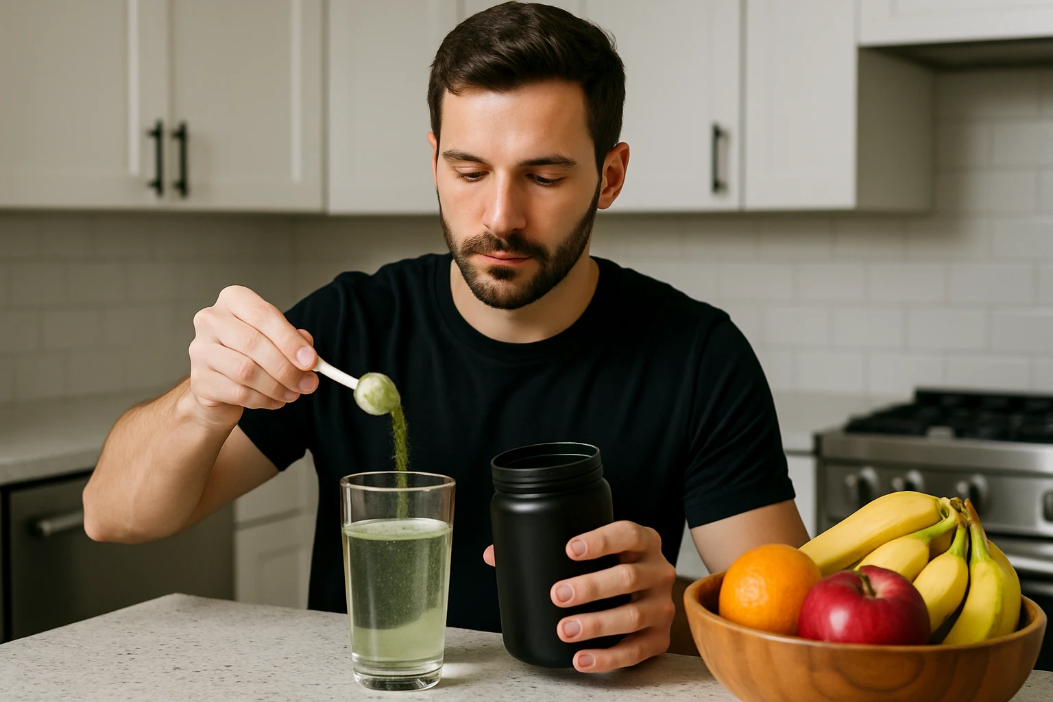 A person in a kitchen pouring a scoop of superfood powder into a glass of water next to a fruit bowl on the countertop.