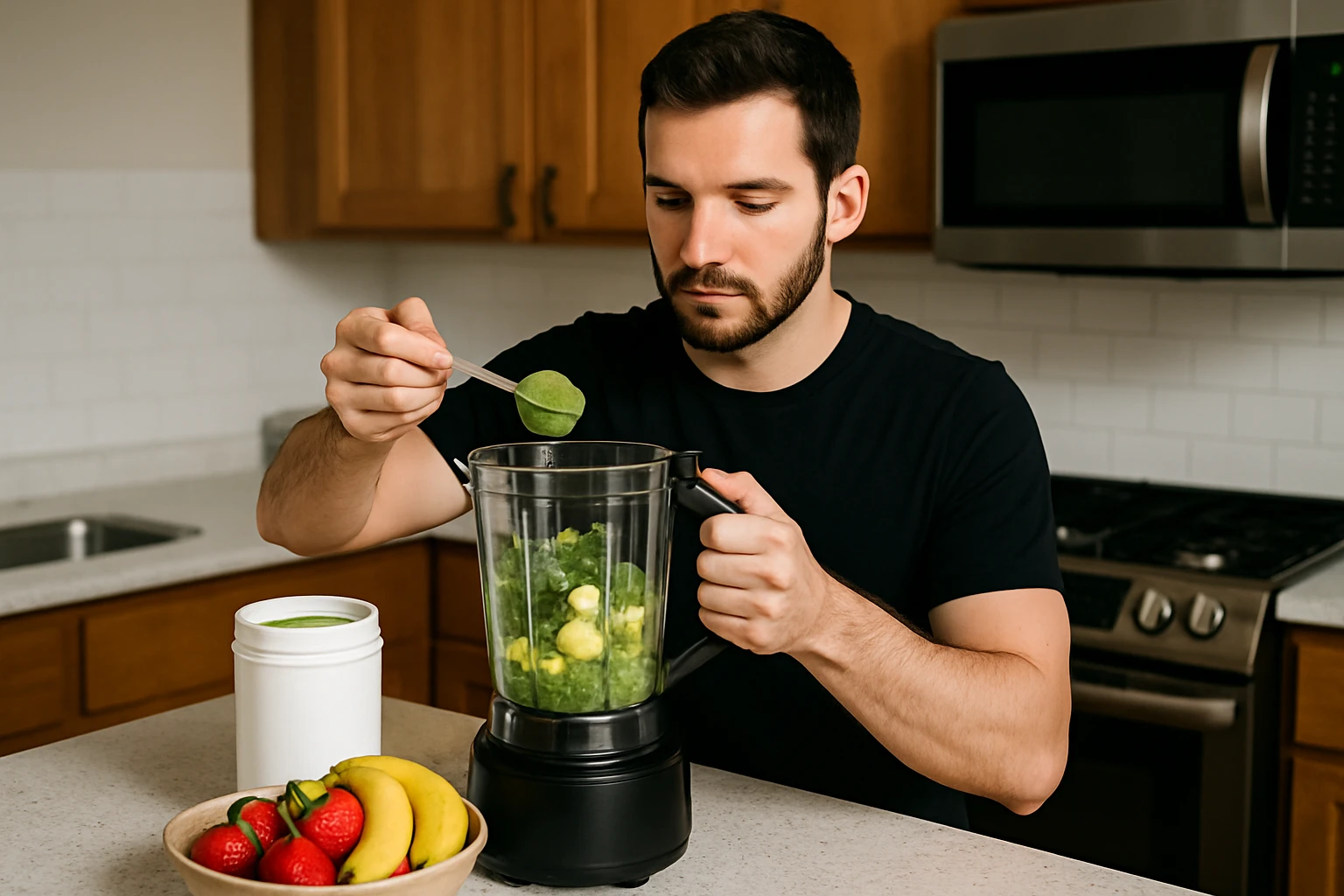 A person blending a smoothie with a scoop of green superfood powder and fresh fruits on a kitchen countertop.