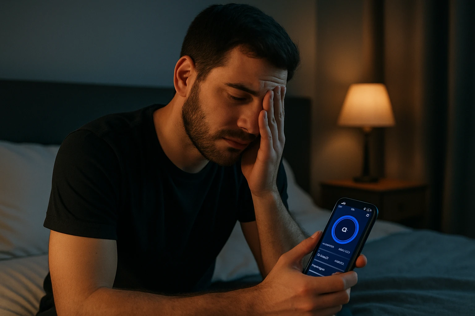 A tired person sitting on a bed, holding a phone displaying a sleep tracking app, with a dimly lit bedroom in the background.