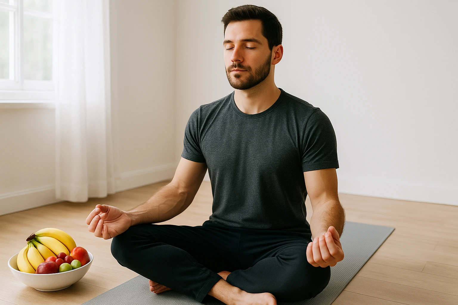 A person doing yoga in a bright room with a bowl of fresh fruits beside them.
