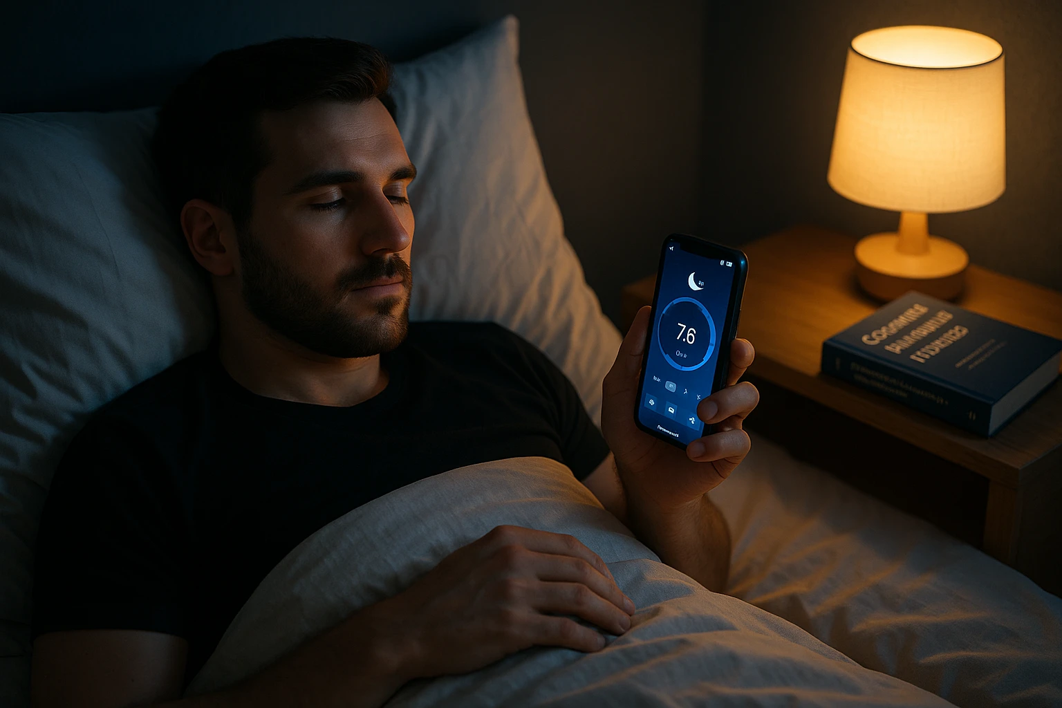 A person lying in bed using a smartphone app for sleep tracking, surrounded by a gentle night light and a book on cognitive-behavioural techniques on the bedside table.