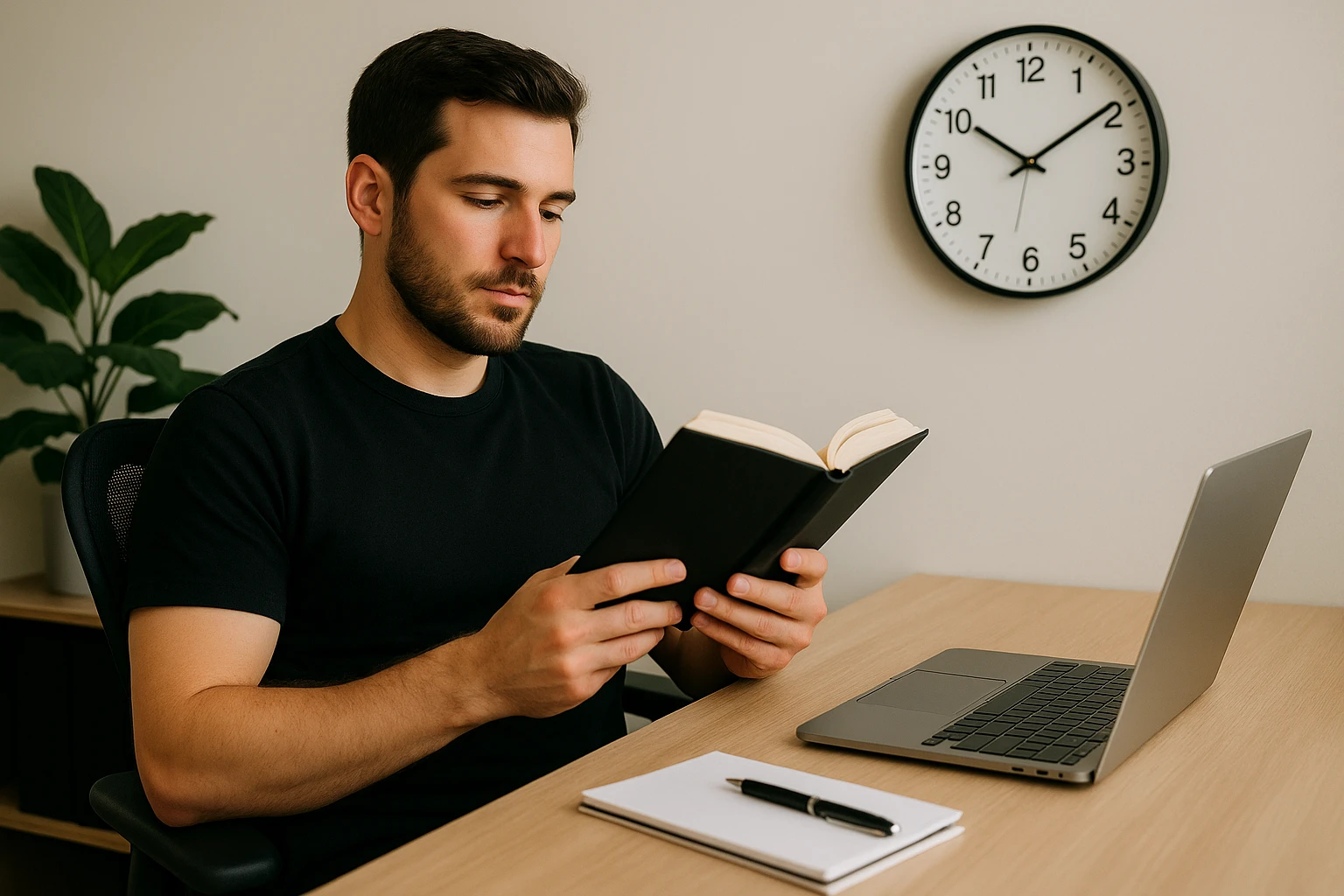 An office worker sitting comfortably at a desk with flexible working hours displayed on a clock nearby, highlighting a focus on work-life balance.