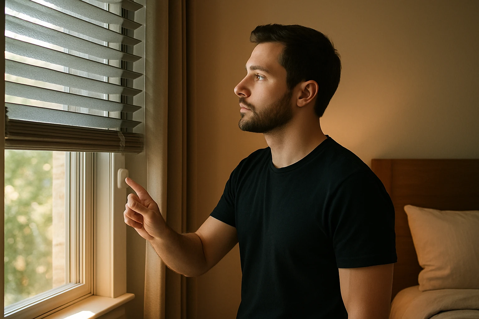 A person adjusting smart blinds in a cozy bedroom with a soft, warm bedside lamp and natural sunlight streaming through the window.