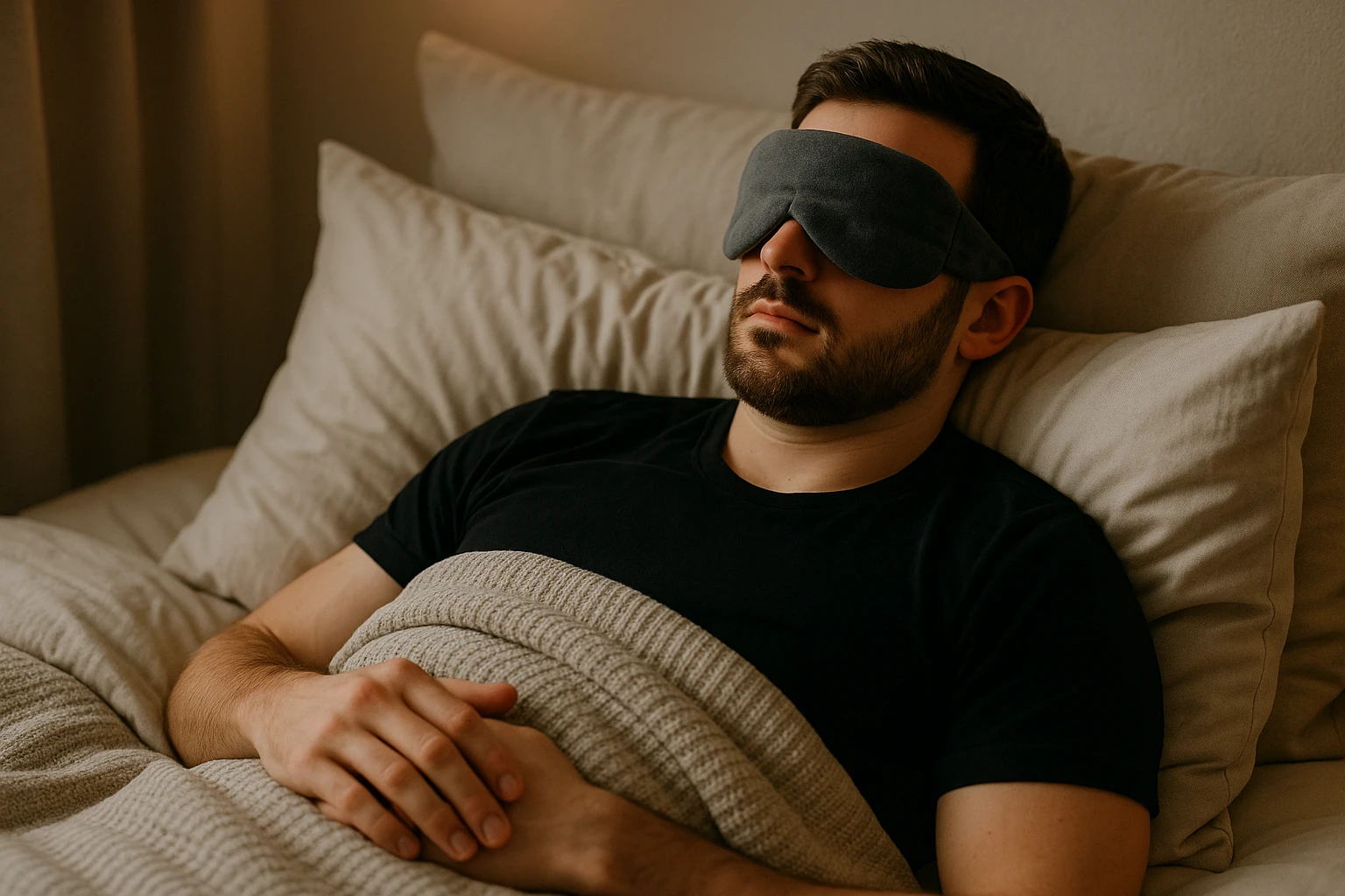 A person relaxing in bed with a weighted eye mask covering their eyes in a dimly lit bedroom adorned with soft pillows and a cosy blanket.