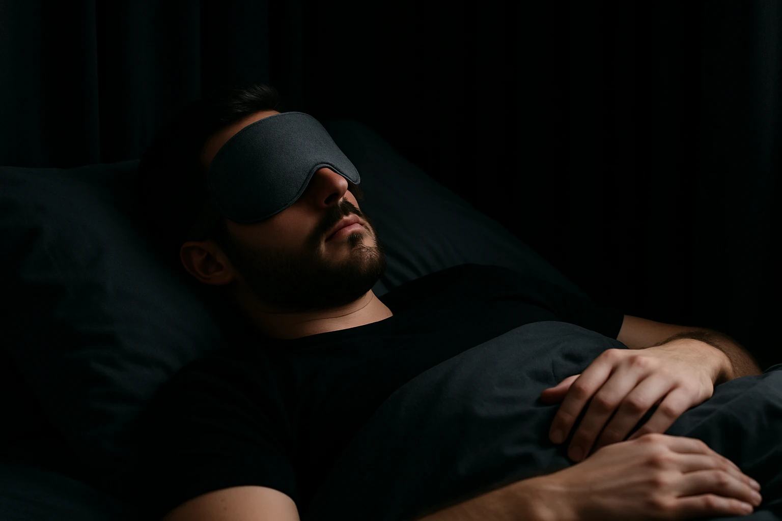 A person sleeping peacefully in a dark bedroom wearing a weighted eye mask while using blackout curtains.