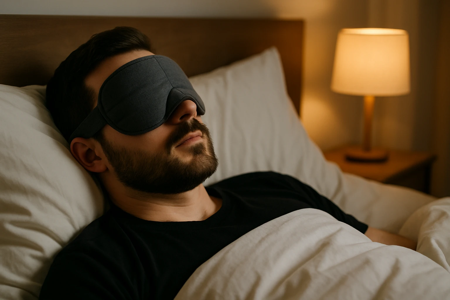 A person lying in bed wearing a weighted eye mask in a softly lit bedroom.