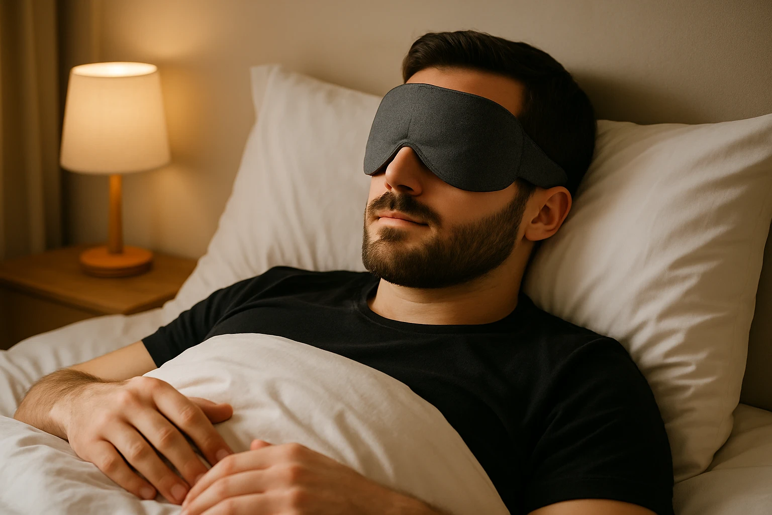 A person lying in bed wearing a weighted eye mask with a serene expression in a softly lit bedroom.