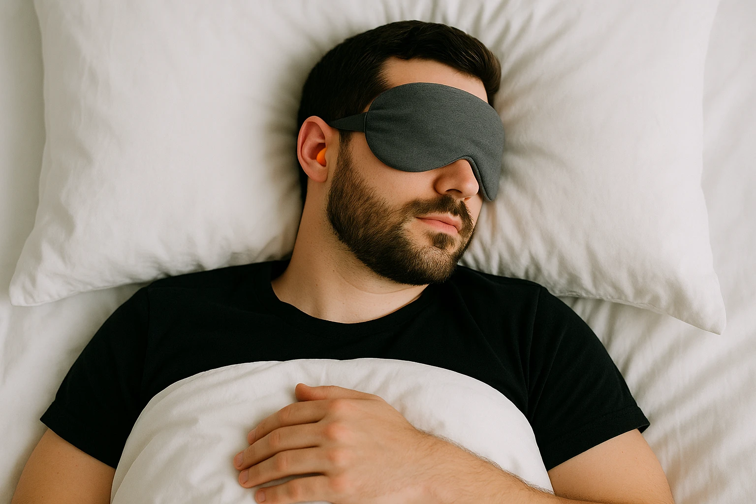 A person sleeping peacefully in bed with a weighted eye mask and earplugs.