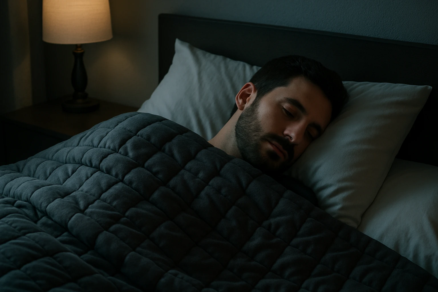 A person sleeping peacefully under a cosy weighted blanket in a dimly lit bedroom.