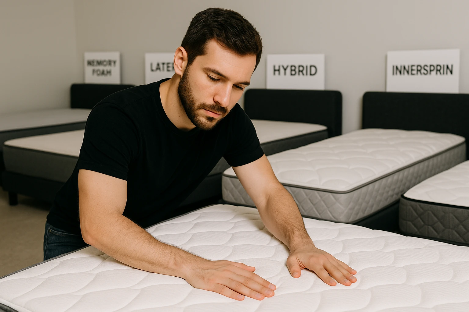 A person testing different mattresses in a showroom with options like memory foam, latex, hybrid, and innerspring.