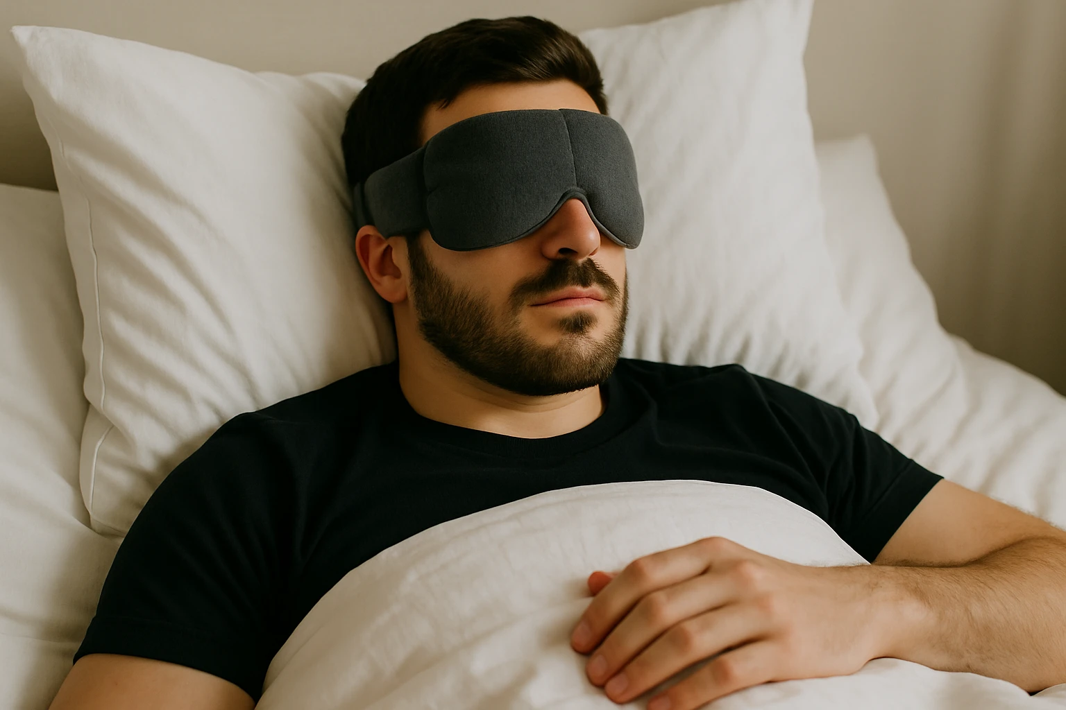 A person relaxing in bed wearing a Nodpod weighted sleep mask with gentle pressure around the eyes.