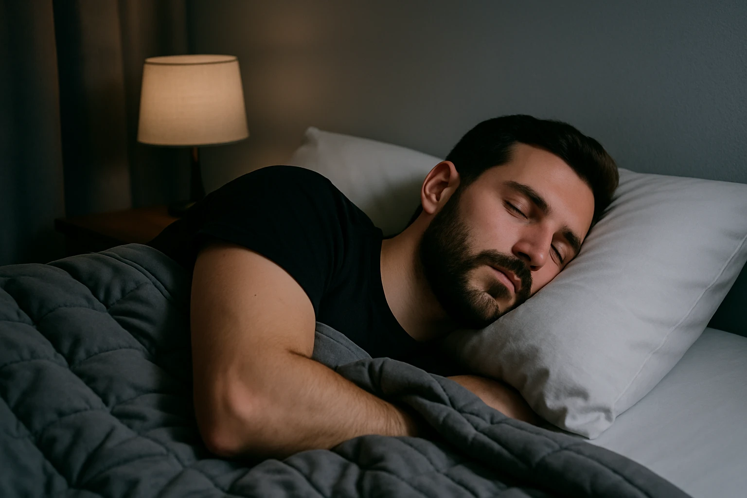 A person sleeping peacefully under a grey weighted blanket in a dimly lit bedroom.