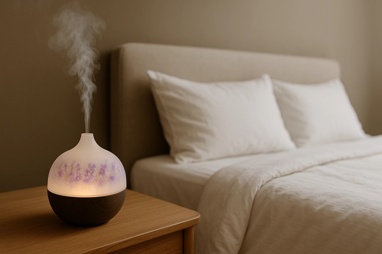 An aroma diffuser releasing a gentle mist of lavender and chamomile essential oils on a nightstand beside a neatly made bed with soft, white linens.