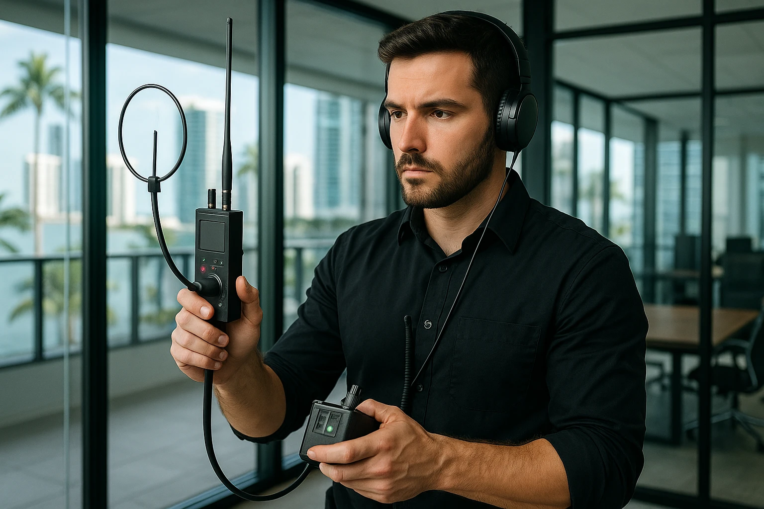 A security expert conducting a bug sweep in a modern Miami office with specialized electronic detection equipment.